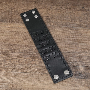 Men's retro black leather cuff bracelet with hand-woven X patterns and metal snap buttons