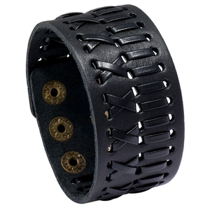 Vintage braided leather cuff bracelet with three-snap button adjustable closure in black