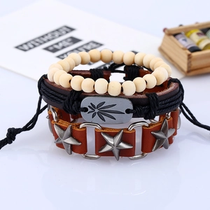 Multilayer vintage leather bracelet set with pentagram star and maple leaf metal charms