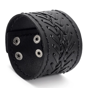 Retro wide woven black leather bracelet for men featuring cross stitching and snap buttons