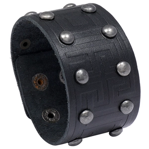 Bracciale largo in pelle punk con doppia fila di rivetti e incisione geometrica