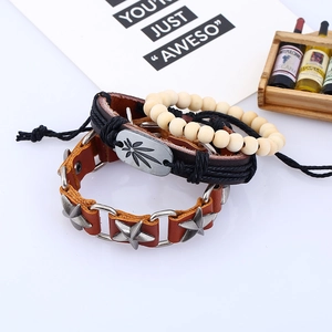 Three-piece bohemian layered bracelet set with leather stars and wood beads
