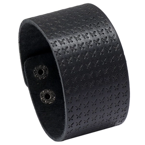 Men's retro black wide leather bracelet with cross-punched texture and metal snap buttons