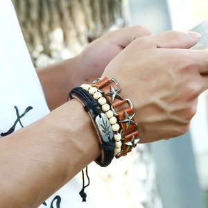 Retro multi-layer men's leather bracelet set with pentagram studs and leaf metal plate