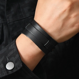 Men's double-layered black genuine leather bracelet with wrap-around minimalist design