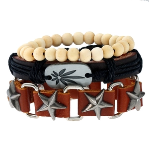 Retro Punk Woven Leather Bracelet Multilayer Alloy Star Leaf Charm Wood Bead Adjustable Fashion Jewelry Wristband