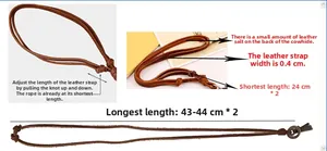 Detail of adjustable 4mm brown cowhide leather necklace cord with sliding knots and measurements