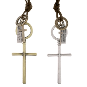 Collana da Uomo in Lega con Ciondolo a Croce e Cordino in Pelle di Vacca Stile Vintage Industriale Punk Argento Antico Bronzo Regolabile Lunga