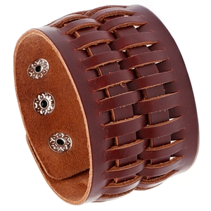 Bracelet Homme Vintage en Cuir de Vache Tissé Large Style Punk Rock Réglable avec Boucle en Fer Bijoux