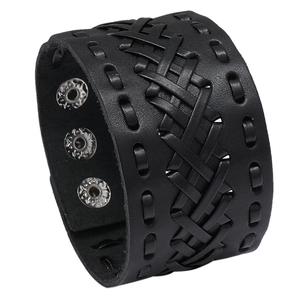Vintage black braided leather wide cuff bracelet with adjustable snap buttons