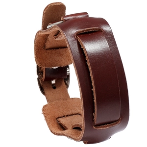 Bracciale da uomo in pelle marrone scuro stile punk con fibbia in metallo argento