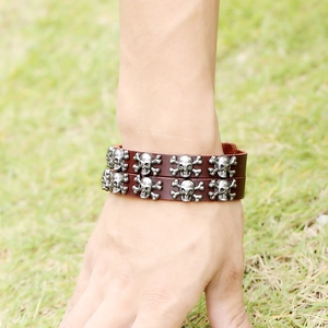 Punk style double-layer brown leather bracelet with vintage silver skull and crossbones