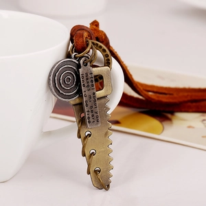 Vintage punk saw and compass pendants on brown leather cord necklace for street style