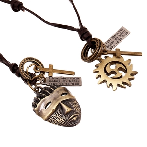 Vintage Punk Alloy Cowhide Leather Necklace For Men Women Tribal Mask Sun Gear Cross Multi-Layer Pendant Adjustable Cord Necklace Jewelry