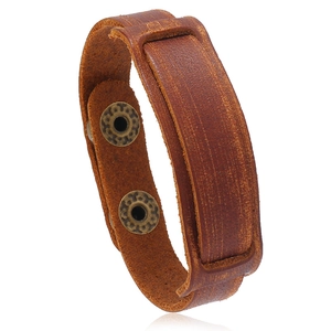 Retro dark brown leather bracelet with double-layer design and bronze metal buckles