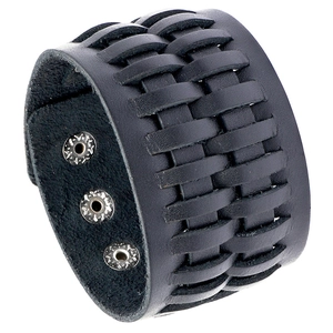 Bracelet large en cuir tressé noir pour homme avec triple fermoir à boutons argentés