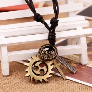 Retro brown leather necklace featuring bronze sun gear, cross and engraved metal plate
