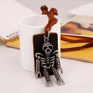 Vintage industrial skull robot pendant necklace with brown leather cord and alloy skeleton