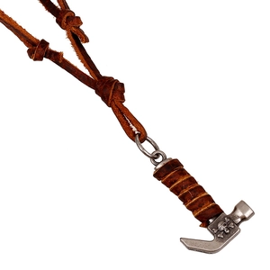 Vintage Punk Skull Hammer Pendant Genuine Leather Necklace For Men Goth Industrial Style Adjustable Brown Rope Alloy Jewelry
