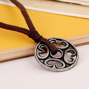 Retro hollow circle pendant necklace with brown braided wax cord in a vintage style