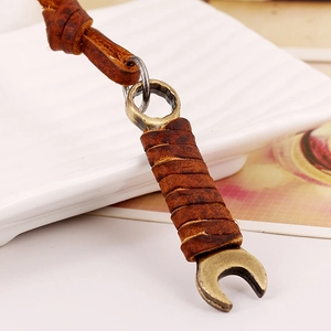 Retro bronze alloy wrench pendant necklace with brown genuine leather strap decoration
