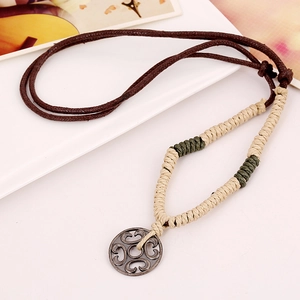 Vintage alloy hollow round pendant necklace with ethnic hand-woven wax cord