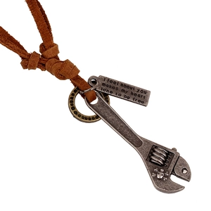 Retro Punk Alloy Wrench Pendant Necklace With Brown Leather Cord Antique Silver Industrial Style Skull Jewelry For Men Women
