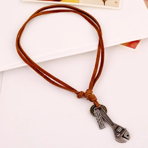 Retro wrench pendant necklace with engraved leather cord for punk casual style