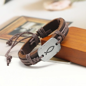 Vintage braided leather bracelet with engraved metal plate and adjustable strap