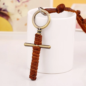 Retro cross pendant necklace in bronze metal and genuine brown leather wrap details