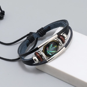Multilayer braided leather bracelet with wooden beads and maple leaf vintage style