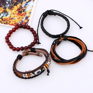 Retro multi-layer leather bracelet set with woven ropes and evil eye charm for men