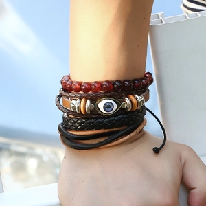 Retro multi-layer leather bracelet set with evil eye charm and bohemian beads for men