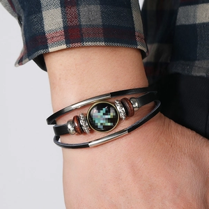 Men's multilayer black leather bracelet with silver metal bars and brown wood beads