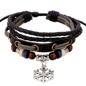 Bracciale Vintage in Vera Pelle Intrecciata Multistrato Con Perline Pendente a Fiocco di Neve in Lega Ciondolo Costellazione Unisex