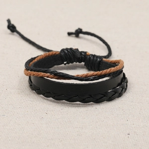 Retro multi-layer hand-woven leather bracelet with adjustable sliding knot on linen base