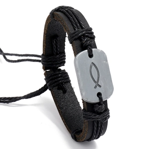 Vintage Braided Cowhide Leather Bracelet Men Women Ichthys Fish Metal Plate Adjustable Religious Cord Bracelet Jewelry