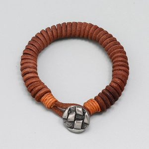 Handmade brown leather multi-layer bracelet with vintage silver-tone metal closure