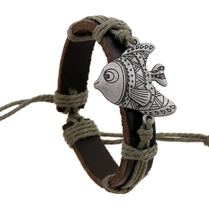 Bracelet Vintage Boho en Cuir de Vachette Tissé à la Main Pour Hommes Femmes Pendentif Poisson en Alliage Antique Bijoux Ethniques Réglables