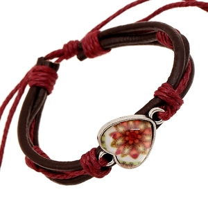 Bracciale vintage in pelle intrecciata con ciondolo mandala a cuore in marrone e rosso