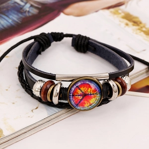 Retro multilayer leather beaded bracelet featuring a peace sign glass charm and wood beads