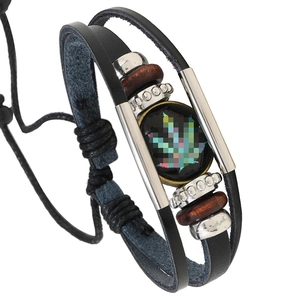 Vintage Multi-layer Leather Bracelet For Men Women Handwoven Wax Rope Wood Beads Maple Leaf Pattern Glass Cabochon Wrap Bracelet