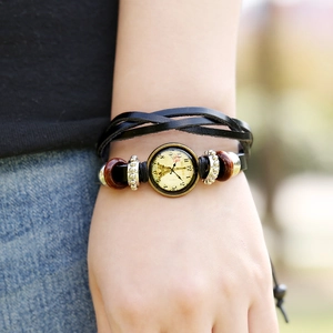 Retro multi-layer leather bracelet with Eiffel Tower watch charm and wood beads