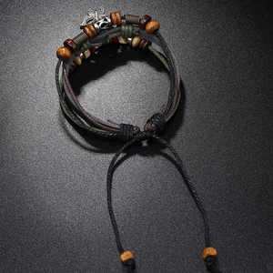 Multilayer leather braided bracelet with wood beads and vintage butterfly charm