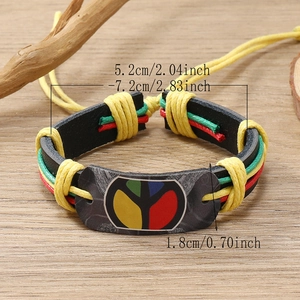 Handmade leather multi-layer bracelet with Jamaica flag colors and peace symbol