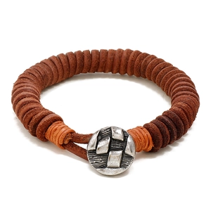 Vintage Men's Handwoven Cowhide Leather Bracelet Antique Silver Alloy Button Clasp Brown Wrapped Spiral Texture Jewelry