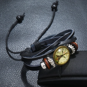 Vintage multi-layer leather bracelet watch with Eiffel Tower dial and wooden beads