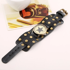 Men's retro wide leather bracelet watch with punk brass rivets and star dial design