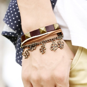 Vintage leather rivet bracelet set with lucky clover charms and woven ropes for women