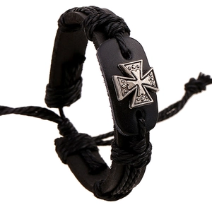 Vintage Men Women Braided Cowhide Leather Bracelet Punk Alloy Iron Cross Charm Adjustable Woven Wrap Bracelet Jewelry Gift